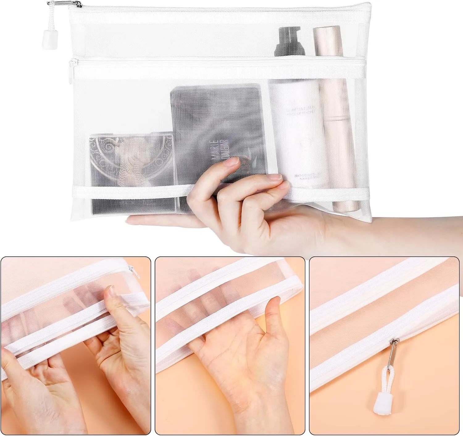 12 Pieces Zipper Nylon Mesh Pouch, Mesh Cosmetic Bags Makeup Bags Pencil Case, Multipurpose Travel Bags for Cosmetic School Office Supplies and Travel Accessories (2 Layers-White, A5)