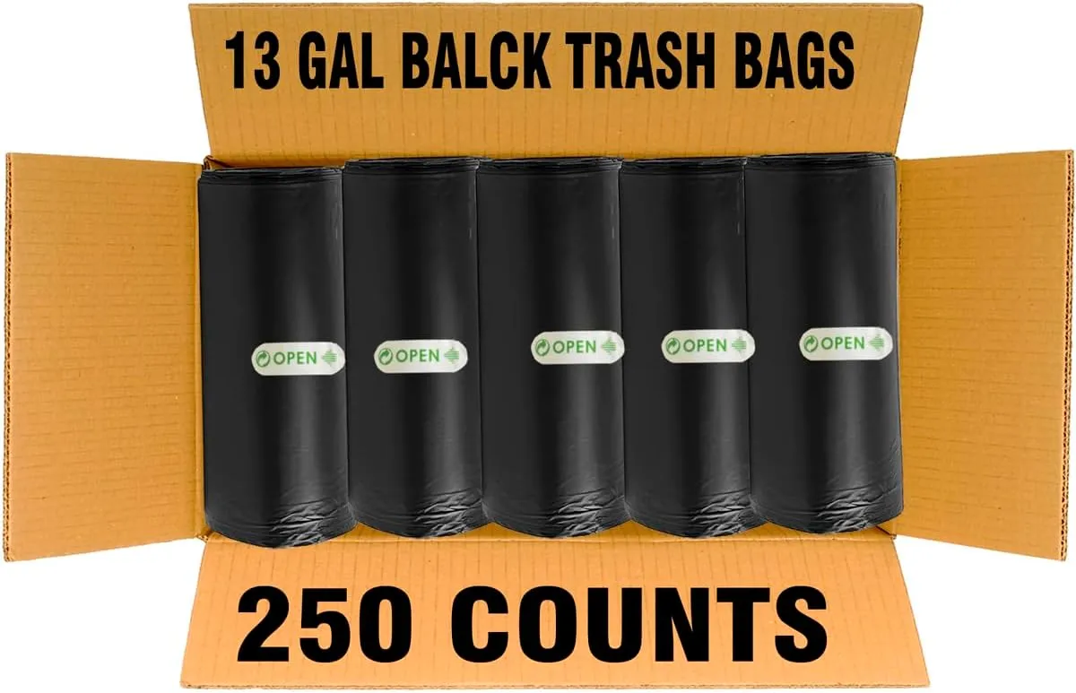 13 Gallon Trash Bags, 250 Count Black Tall Kitchen Garbage bags, Multi-purpose Trash Can Bin Liners for Bathroom, Office, Industrial, Commercial, Janitorial, Municipal, Recycling