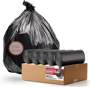 13 Gallon Trash Bags, 250 Count Black Tall Kitchen Garbage bags, Multi-purpose Trash Can Bin Liners for Bathroom, Office, Industrial, Commercial, Janitorial, Municipal, Recycling