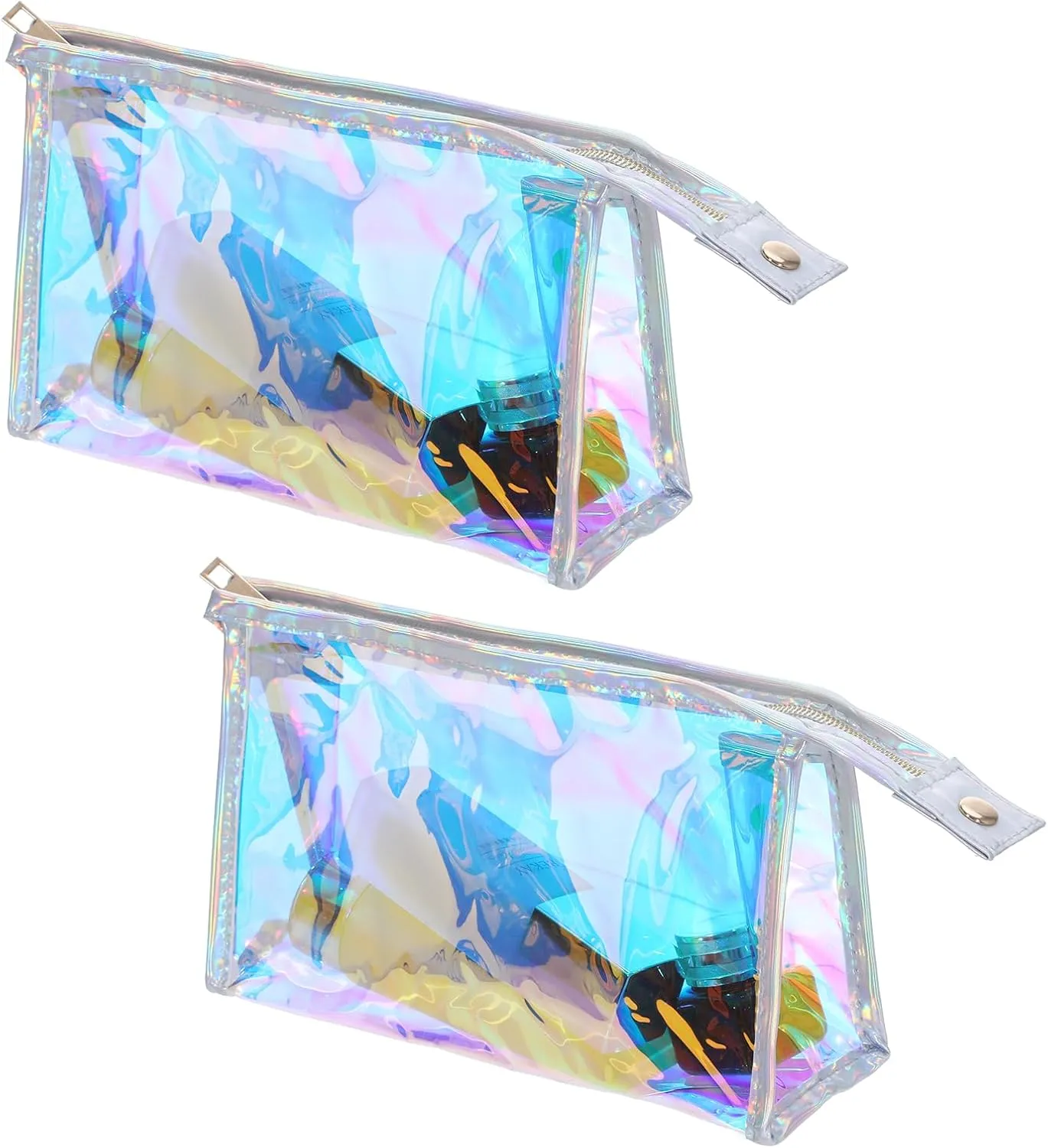 2 Iridescent/Holographic Makeup Bags - Portable Zipper Cosmetic Bags Bulk, Clear and Women Gifts