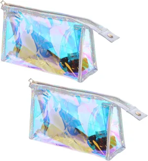 2 Iridescent/Holographic Makeup Bags - Portable Zipper Cosmetic Bags Bulk, Clear and Women Gifts