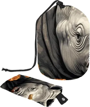 2 Pcs Cosmetic Bag bucket Travel Makeup Bags Large Capacity Soft Waterproof Portable Drawstring Cosmetic Bag, Art Rhino with Flowers 67