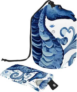 2 Pcs Cosmetic Bag bucket Travel Makeup Bags Large Capacity Soft Waterproof Portable Drawstring Cosmetic Bag, Blue Watercolor Seahorse