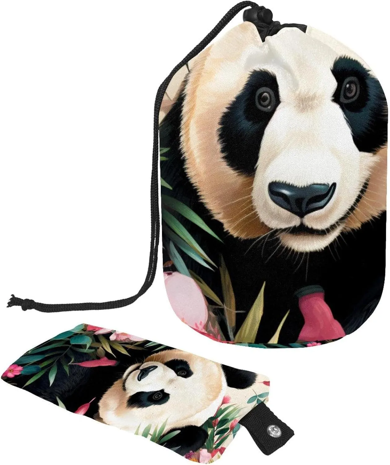 2 Pcs Cosmetic Bag bucket Travel Makeup Bags Large Capacity Soft Waterproof Portable Drawstring Cosmetic Bag, Cute Panda with Flower Pattern