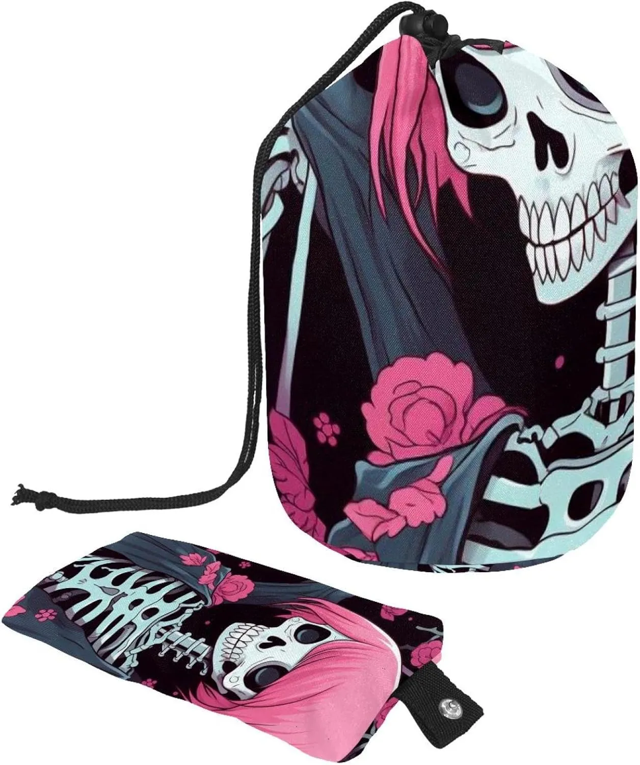 2 Pcs Cosmetic Bag bucket Travel Makeup Bags Large Capacity Soft Waterproof Portable Drawstring Cosmetic Bag, Pink Florals Skull