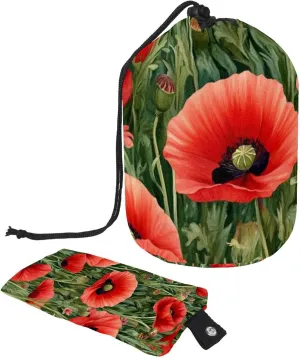 2 Pcs Cosmetic Bag bucket Travel Makeup Bags Large Capacity Soft Waterproof Portable Drawstring Cosmetic Bag, Red Flowers Meadow Poppy 51