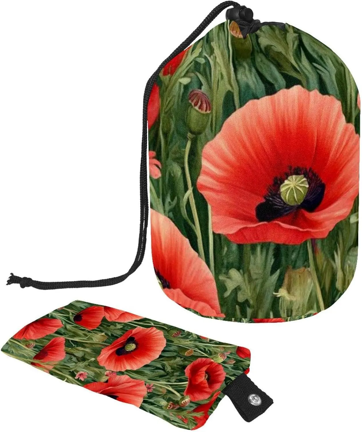 2 Pcs Cosmetic Bag bucket Travel Makeup Bags Large Capacity Soft Waterproof Portable Drawstring Cosmetic Bag, Red Flowers Meadow Poppy 51