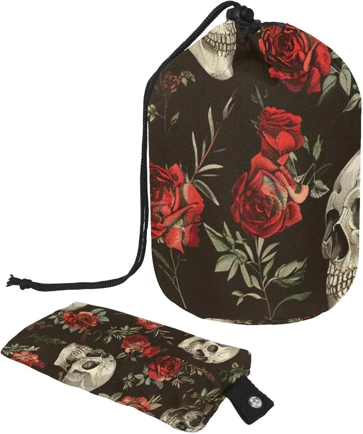 2 Pcs Cosmetic Bag bucket Travel Makeup Bags Large Capacity Soft Waterproof Portable Drawstring Cosmetic Bag, Vintage Skull with Rose