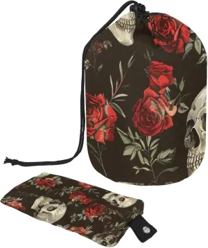 2 Pcs Cosmetic Bag bucket Travel Makeup Bags Large Capacity Soft Waterproof Portable Drawstring Cosmetic Bag, Vintage Skull with Rose