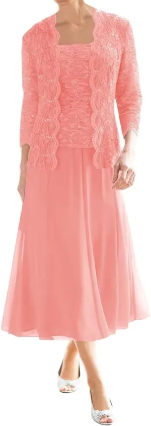 2 Piece Mother of The Bride Dresses for Wedding Tea Length Lace Chiffon Formal Dress Grandmother Dresses with Jackets