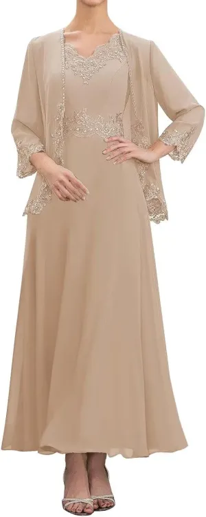 2 Piece Mother of The Bride Dresses Tea Length with Jacket Chiffon Lace Appliques Formal Evening Dress for Wedding