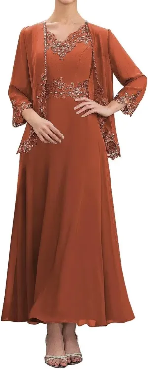 2 Piece Mother of The Bride Dresses Tea Length with Jacket Chiffon Lace Appliques Formal Evening Dress for Wedding