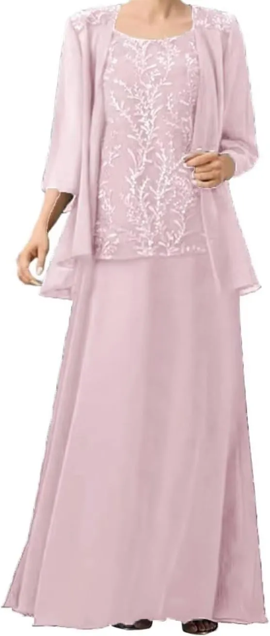 2 Pieces Mother of The Bride Dresses for Wedding Laces Appliques Chiffon Mother of The Groom Dresses with Jackets