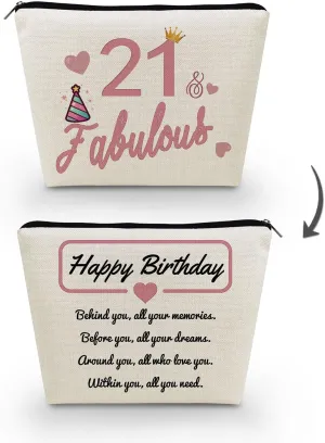 21st Birthday Gift Makeup Bag for Women Cute Small Cosmetic Bag for Purse Travel Toiletry Zipper Pouch for 21-Year-Old Girls Happy Birthday Gift Pink 21 Fabulous Makeup Bag
