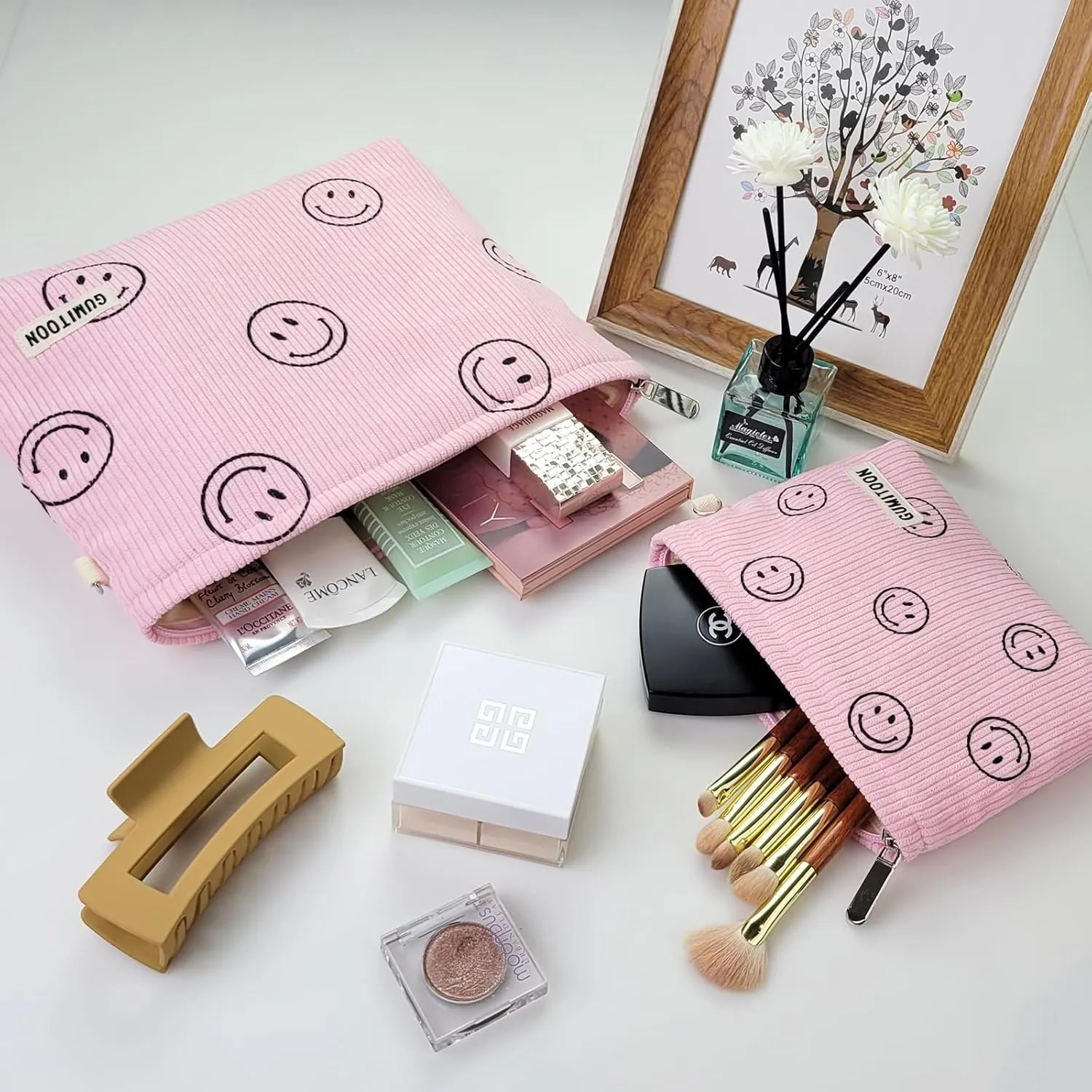 2pcs Cosmetic Bags,makeup bag for women,aesthetic organizer toiletry bags,travel essentials,travel size toiletries,a small make up bag and a big make up bag(pink Smiley face)