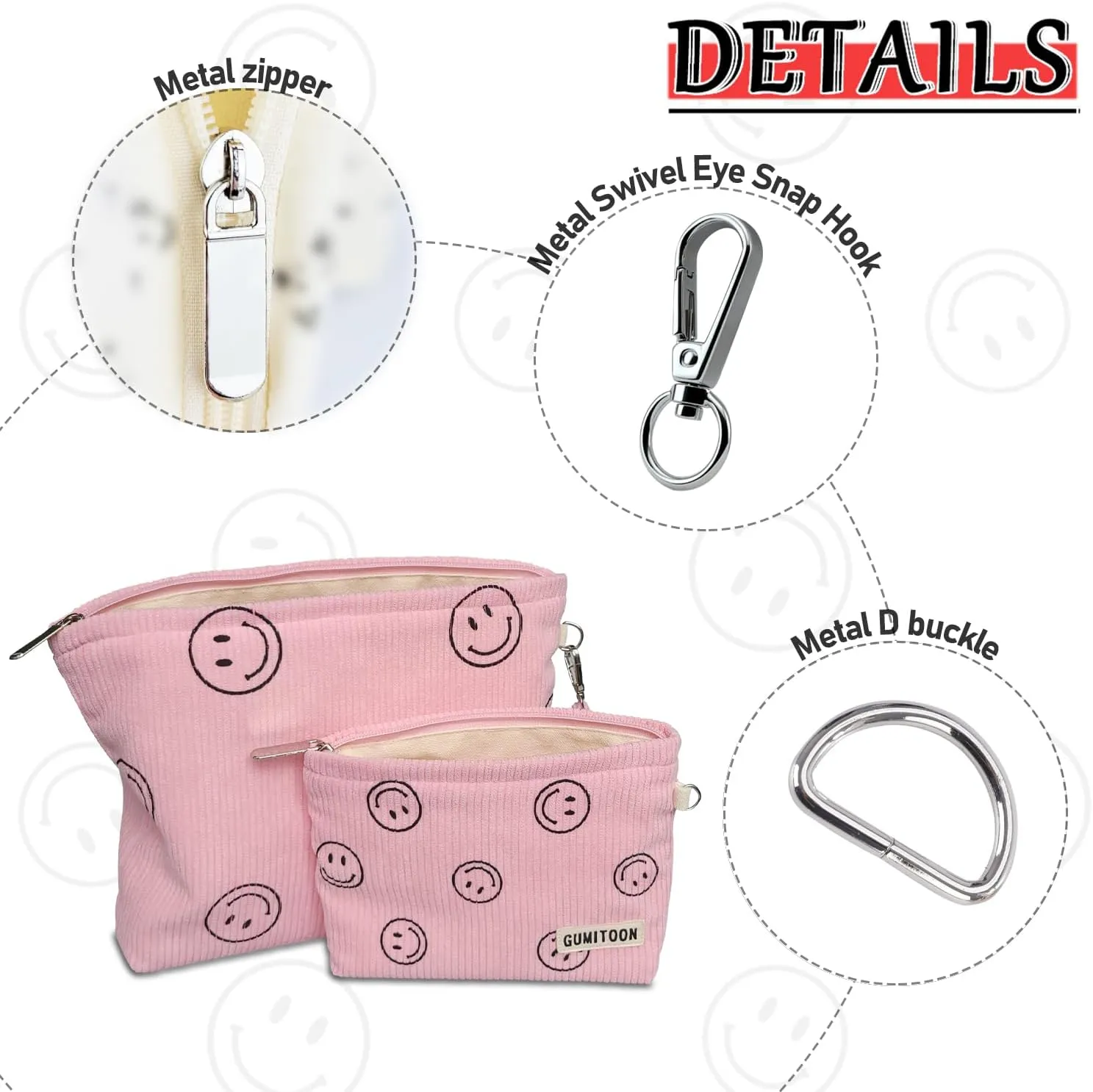 2pcs Cosmetic Bags,makeup bag for women,aesthetic organizer toiletry bags,travel essentials,travel size toiletries,a small make up bag and a big make up bag(pink Smiley face)