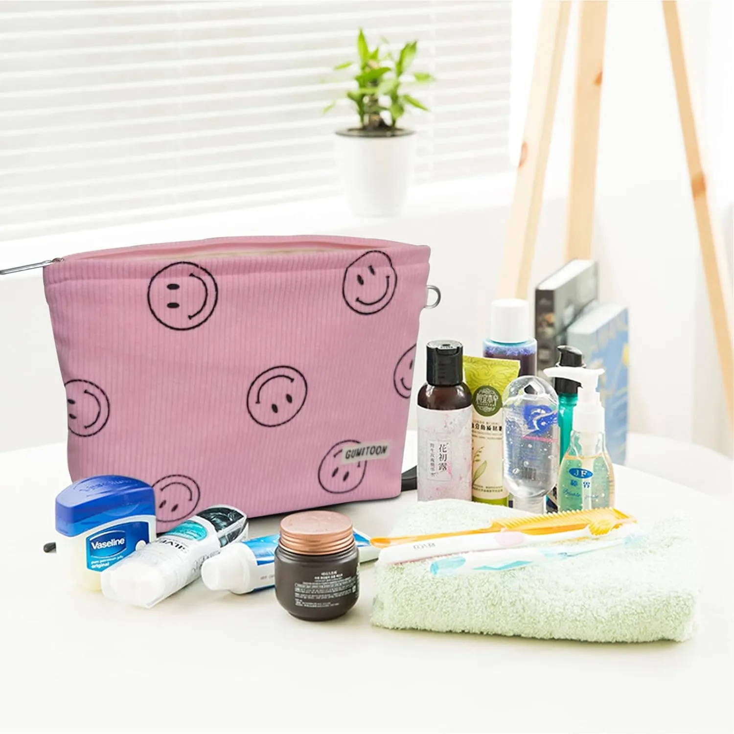 2pcs Cosmetic Bags,makeup bag for women,aesthetic organizer toiletry bags,travel essentials,travel size toiletries,a small make up bag and a big make up bag(pink Smiley face)