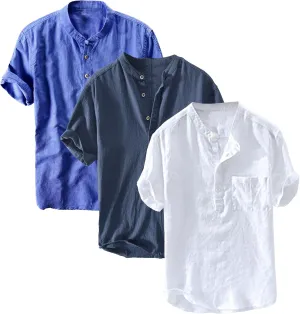 3 Pack Men's Lightweight Cotton Linen Shirt Short Sleeve Henley T-Shirts for Men Summer Casual Beach Tee Tops