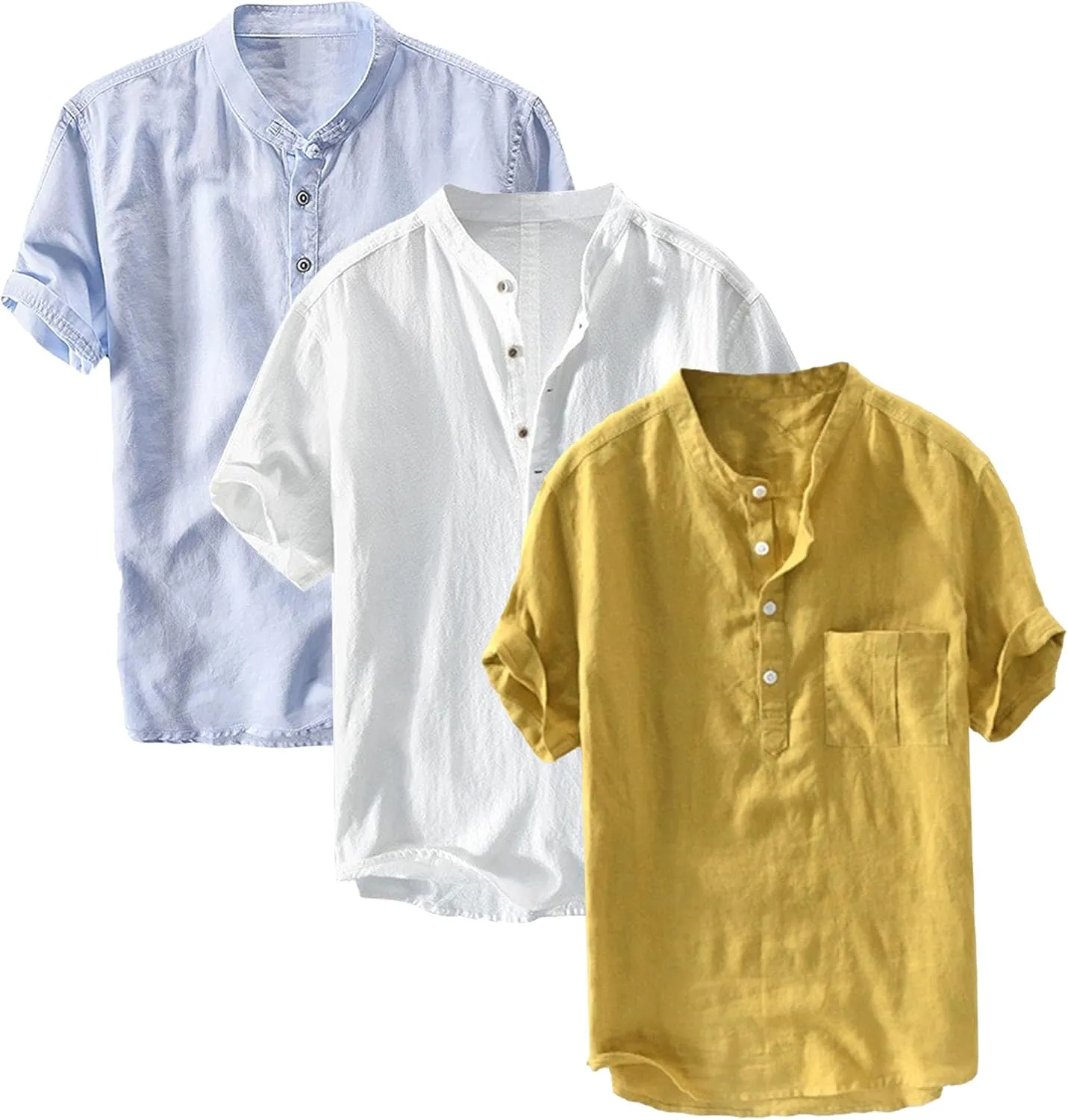 3 Pack Men's Lightweight Cotton Linen Shirt Short Sleeve Henley T-Shirts for Men Summer Casual Beach Tee Tops
