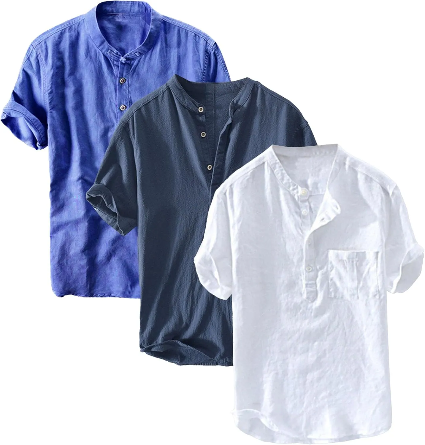 3 Pack Men's Lightweight Cotton Linen Shirt Short Sleeve Henley T-Shirts for Men Summer Casual Beach Tee Tops