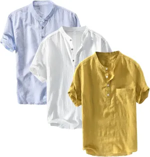 3 Pack Men's Lightweight Cotton Linen Shirt Short Sleeve Henley T-Shirts for Men Summer Casual Beach Tee Tops