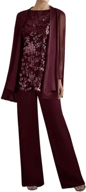 3 Pieces Dressy Pant Suits for Women Long Sleeve Lace Chiffon Outfits Formal Evening Gowns for Wedding with Jackets