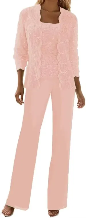 3 Pieces Mother of The Bride Pant Suits for Wedding with Jackets Long Sleeve Chiffon Formal Outfit Womens Jumpsuit