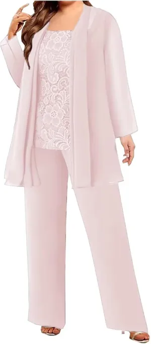 3 Pieces Mother of The Bride Pant Suits with Jackets Chiffon Lace Mother of The Groom Pantsuits for Wedding
