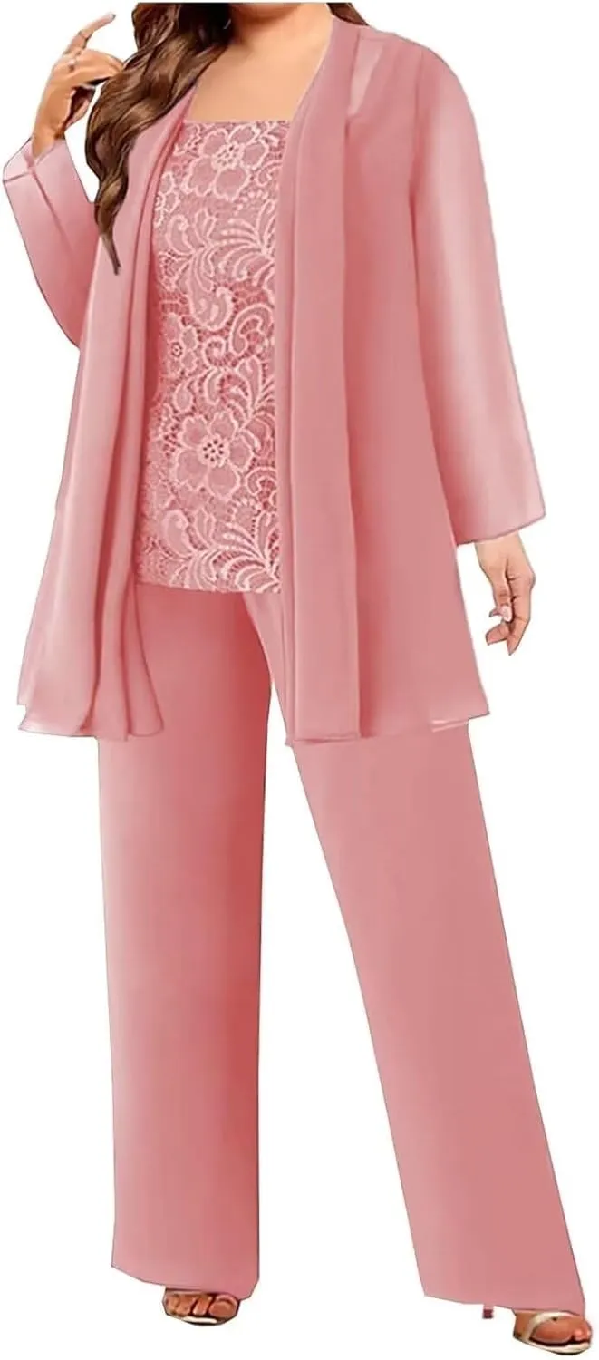 3 Pieces Mother of The Bride Pant Suits with Jackets Chiffon Lace Mother of The Groom Pantsuits for Wedding