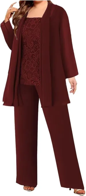 3 Pieces Mother of The Bride Pant Suits with Jackets Chiffon Lace Mother of The Groom Pantsuits for Wedding