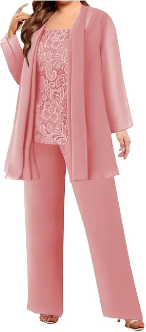 3 Pieces Mother of The Bride Pant Suits with Jackets Chiffon Lace Mother of The Groom Pantsuits for Wedding