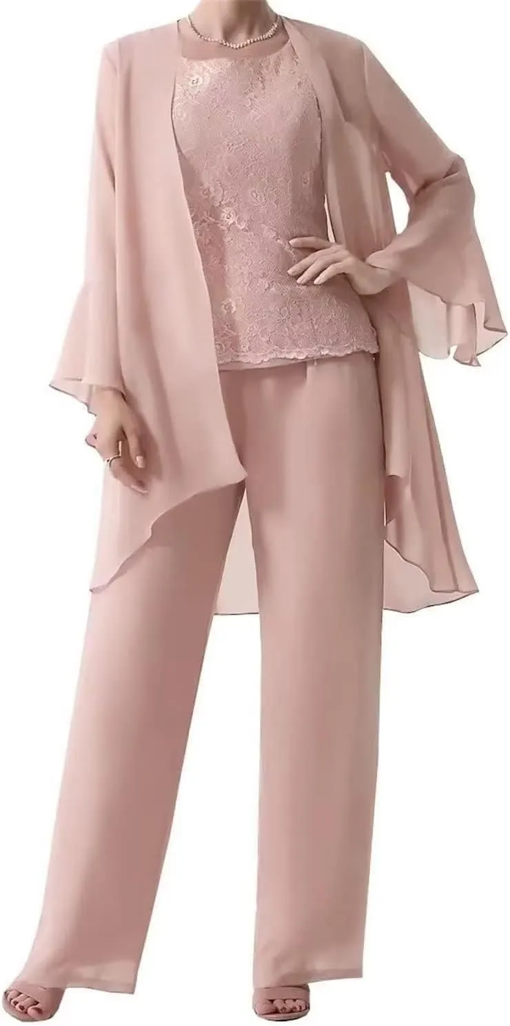 3 Pieces Mother of The Bride Pant Suits with Jackets for Wedding Lace Chiffon Formal Evening Gown