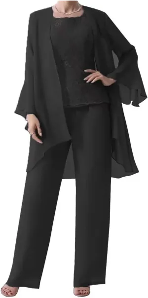 3 Pieces Mother of The Bride Pant Suits with Jackets for Wedding Lace Chiffon Formal Evening Gown