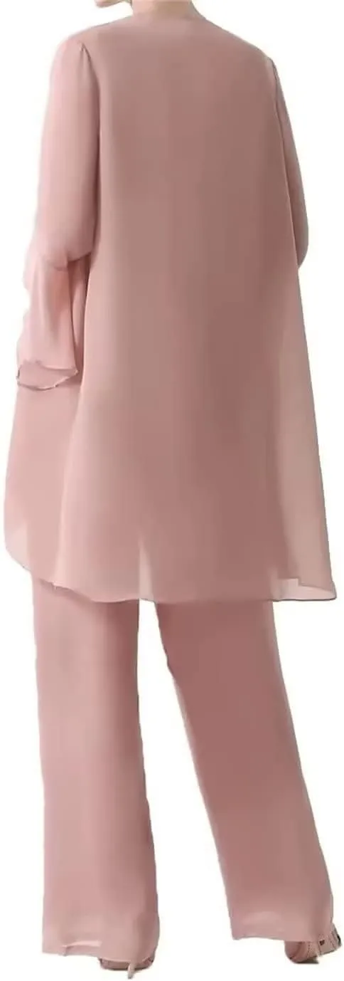 3 Pieces Mother of The Bride Pant Suits with Jackets for Wedding Lace Chiffon Formal Evening Gown