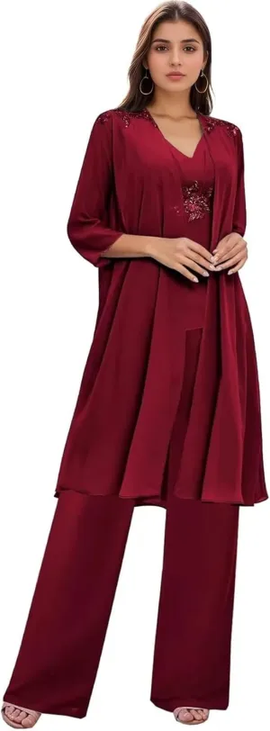 3 Pieces Mother of The Bride Pantsuits for Wedding Long Sleeve Chiffon Lace Formal Outfits for Women with Jackets