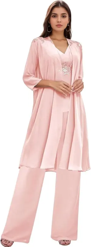 3 Pieces Mother of The Bride Pantsuits for Wedding Long Sleeve Chiffon Lace Formal Outfits for Women with Jackets