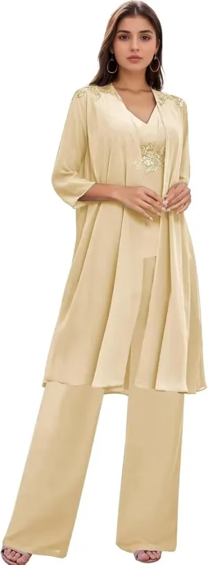 3 Pieces Mother of The Bride Pantsuits for Wedding Long Sleeve Chiffon Lace Formal Outfits for Women with Jackets