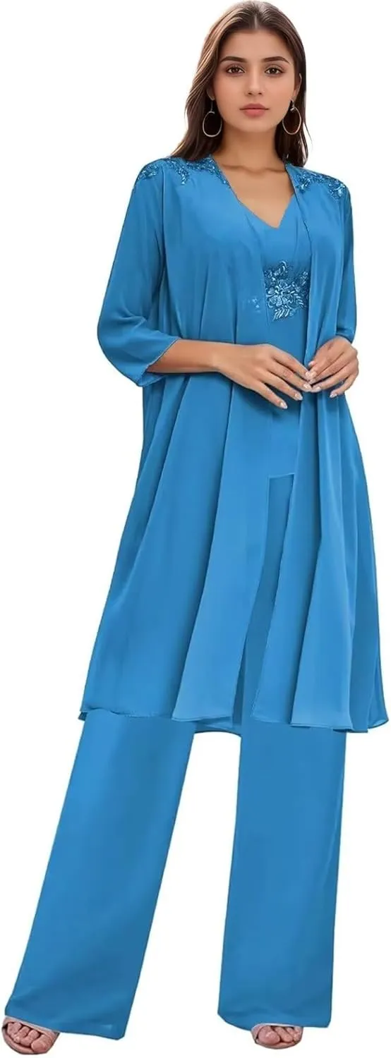 3 Pieces Mother of The Bride Pantsuits for Wedding Long Sleeve Chiffon Lace Formal Outfits for Women with Jackets