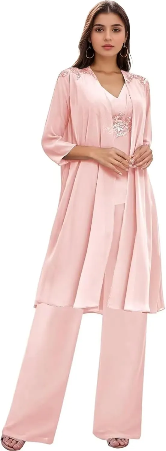 3 Pieces Mother of The Bride Pantsuits for Wedding Long Sleeve Chiffon Lace Formal Outfits for Women with Jackets