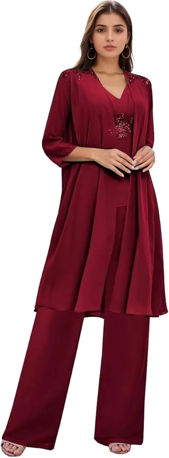 3 Pieces Mother of The Bride Pantsuits for Wedding Long Sleeve Chiffon Lace Formal Outfits for Women with Jackets