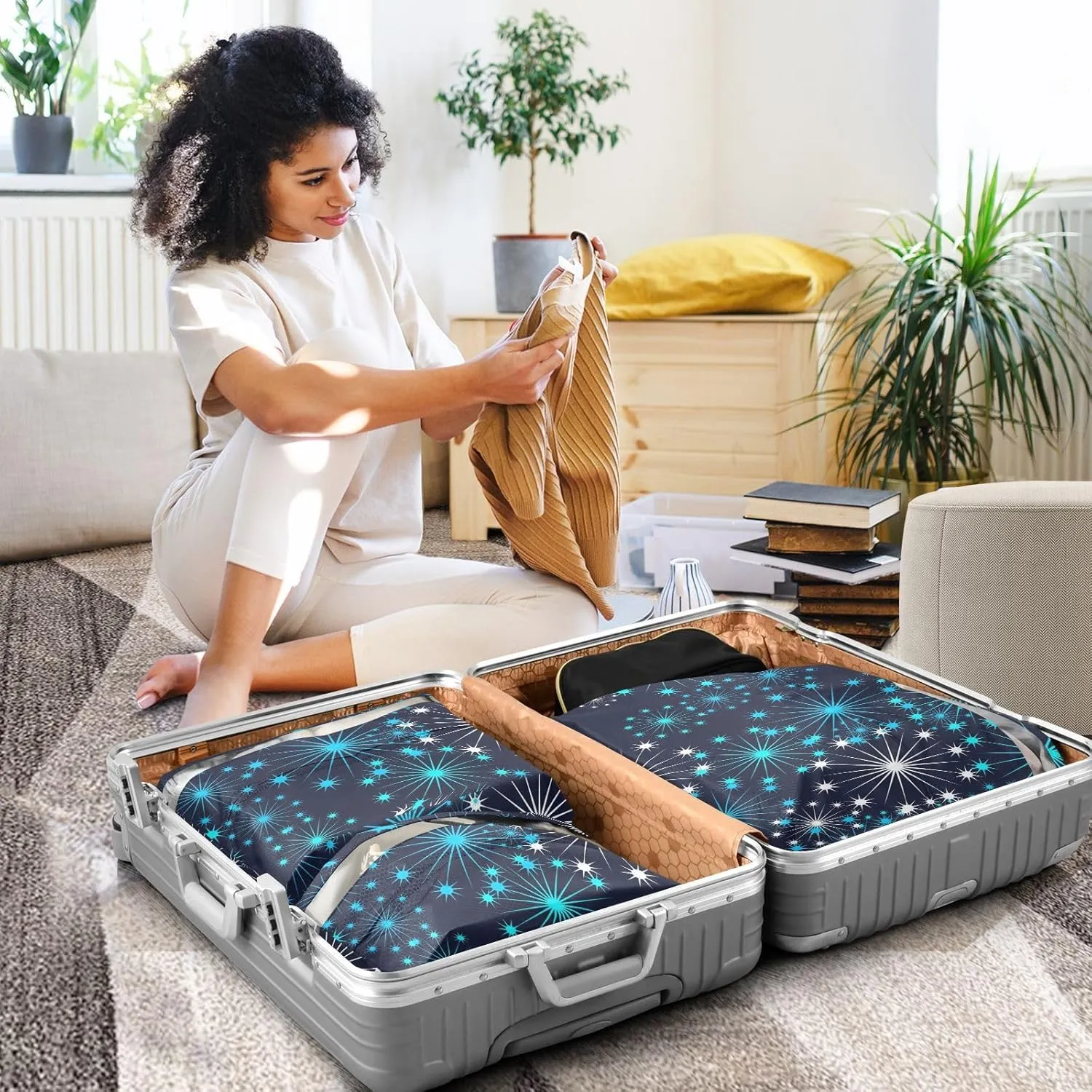 3 Set Packing Cubes Travel Luggage Packing Organizers with Handle and Transparent PVC Waterproof Packing Cubes for Suitcases Accessories in 3 Sizes Blue Starlight