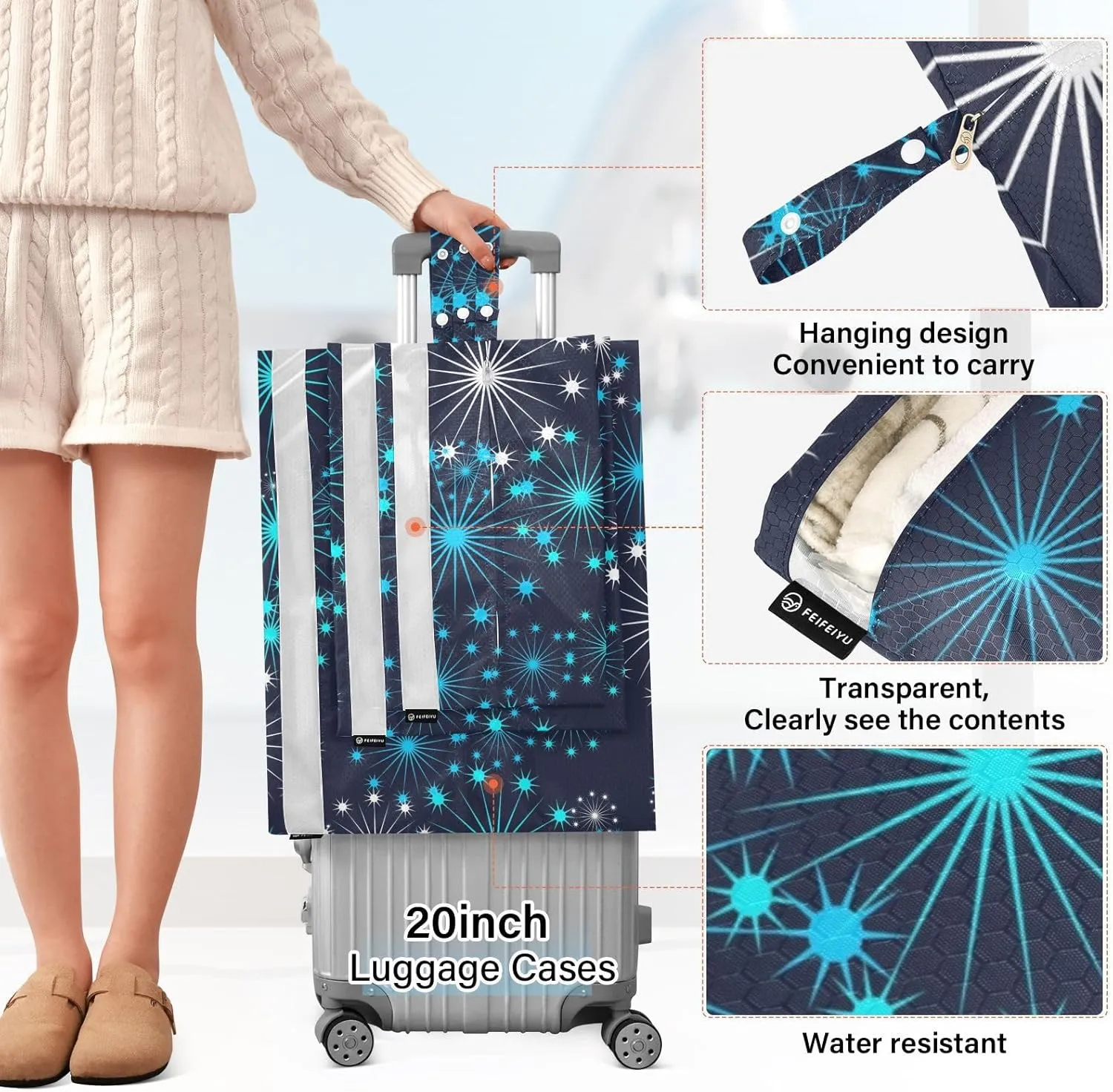 3 Set Packing Cubes Travel Luggage Packing Organizers with Handle and Transparent PVC Waterproof Packing Cubes for Suitcases Accessories in 3 Sizes Blue Starlight