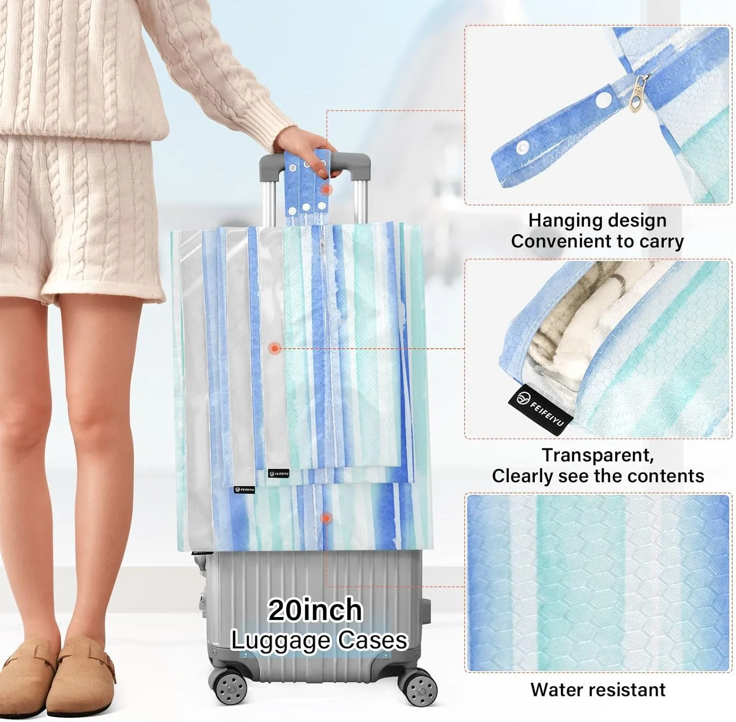 3 Set Travel Packing Cubes For Suitcases, Blue Green Stripes, Stackable, Garment Bag Closet Storage, Luggage Space Saver, Luggages Management Personnel
