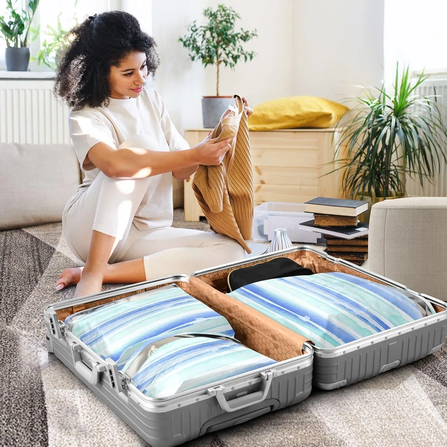 3 Set Travel Packing Cubes For Suitcases, Blue Green Stripes, Stackable, Garment Bag Closet Storage, Luggage Space Saver, Luggages Management Personnel