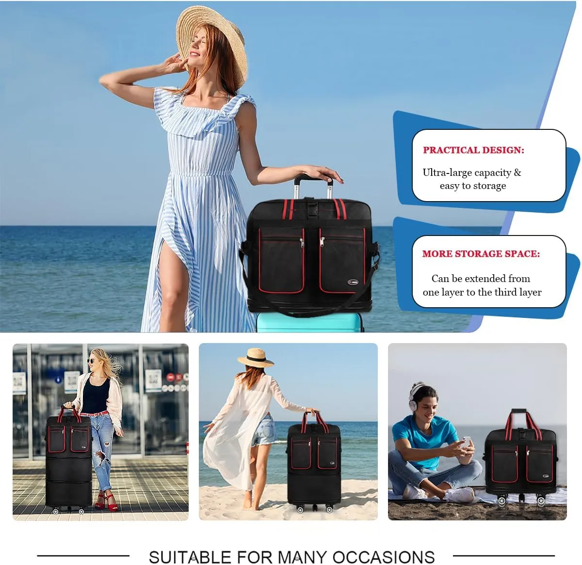30''36''40''Rolling Duffle Bag with Wheels,Expandable Duffle Bag for Travel for Men Women,Foldable#36''Black-Red