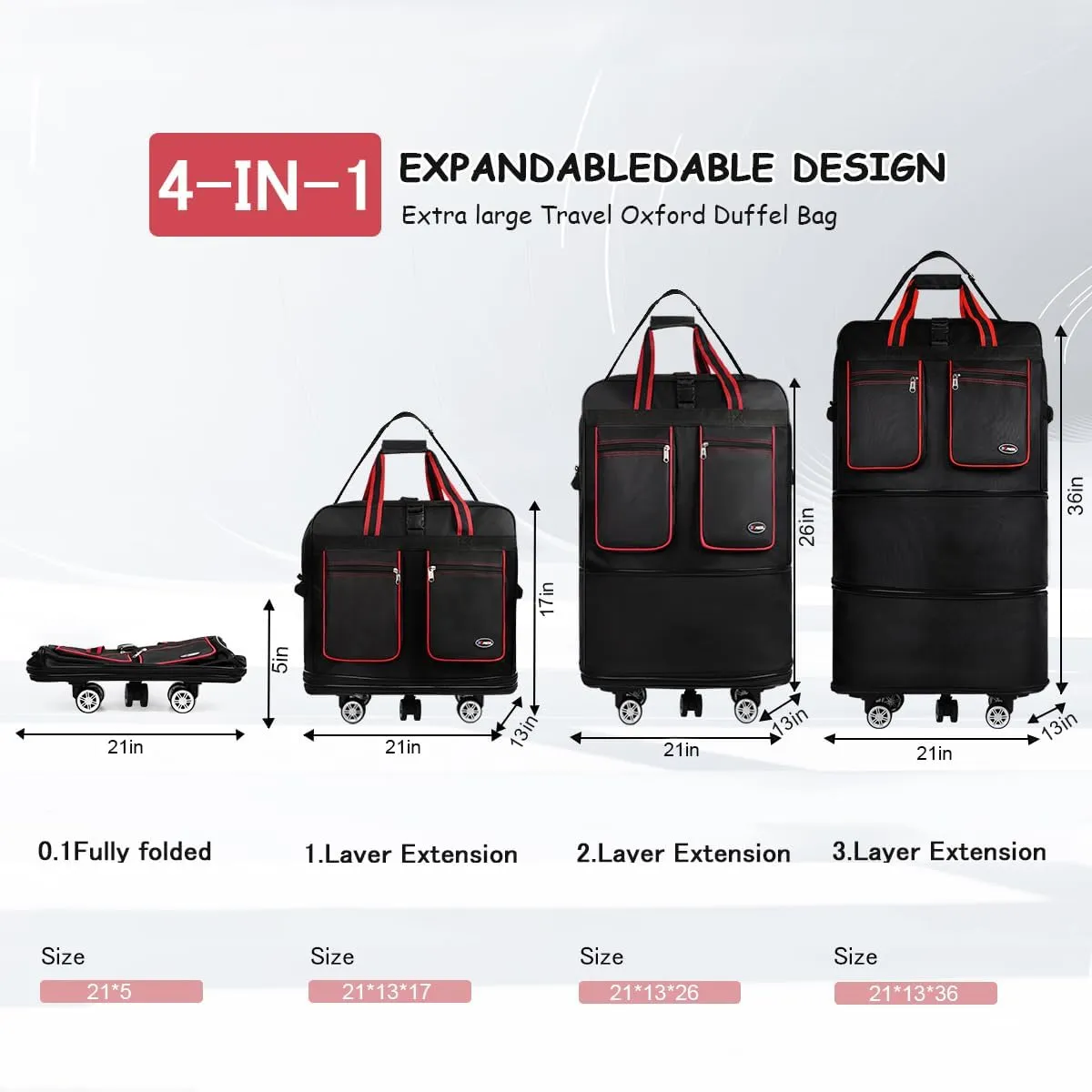 30''36''40''Rolling Duffle Bag with Wheels,Expandable Duffle Bag for Travel for Men Women,Foldable#36''Black-Red