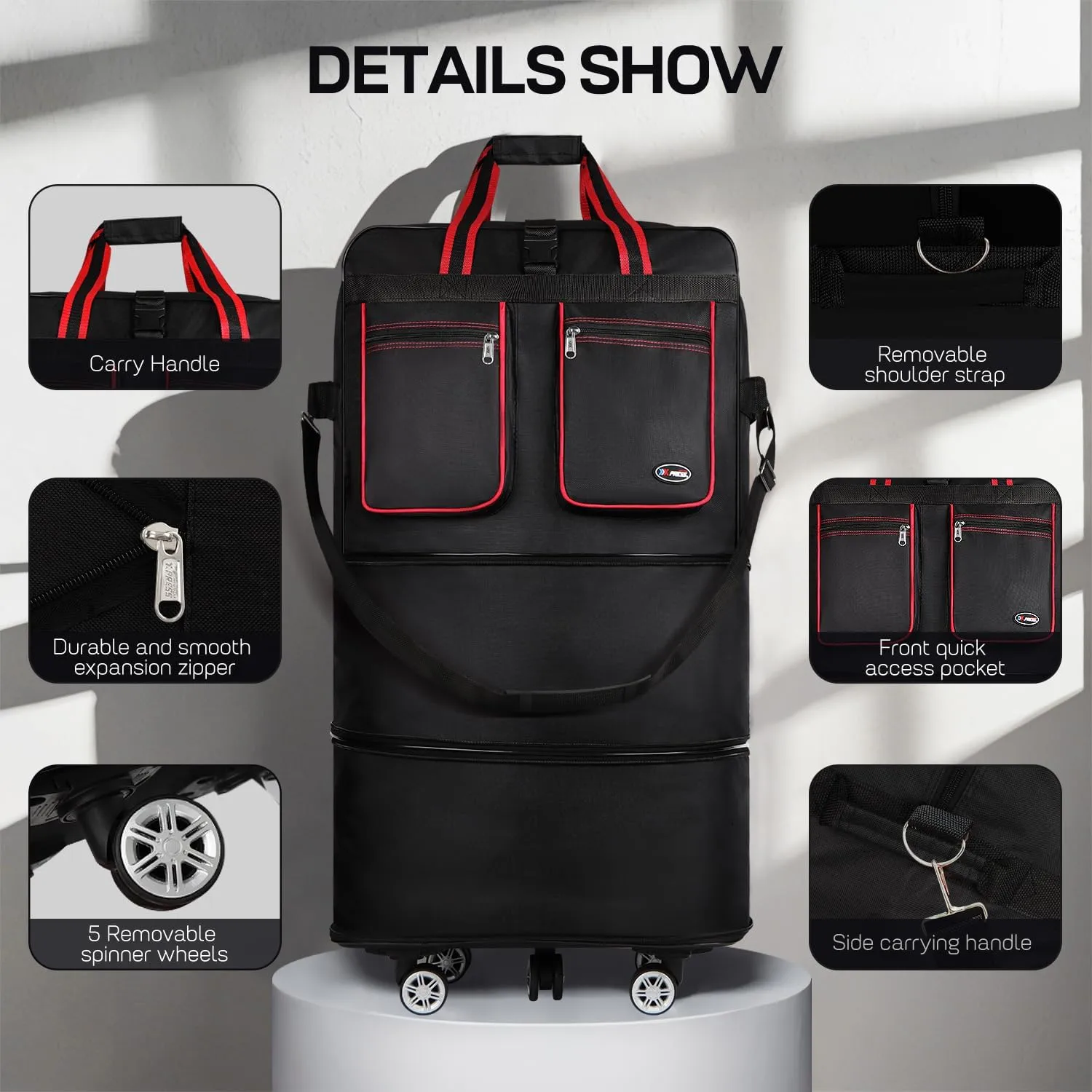 30''36''40''Rolling Duffle Bag with Wheels,Expandable Duffle Bag for Travel for Men Women,Foldable#36''Black-Red