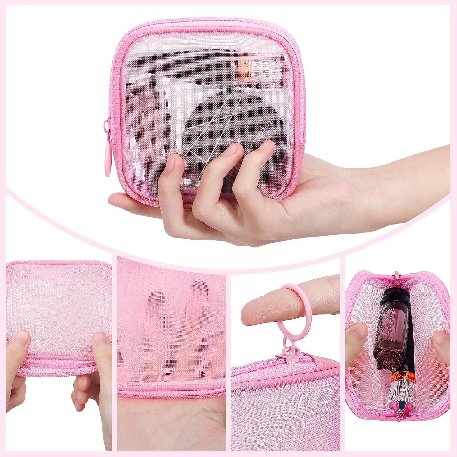 4 Pieces Mini Zipper Nylon Mesh Pouch, Mesh Cosmetic Bags Makeup Bags, Multipurpose Travel Toiletry Bags for Office Supplies and Travel Accessories (Multicolored, S)