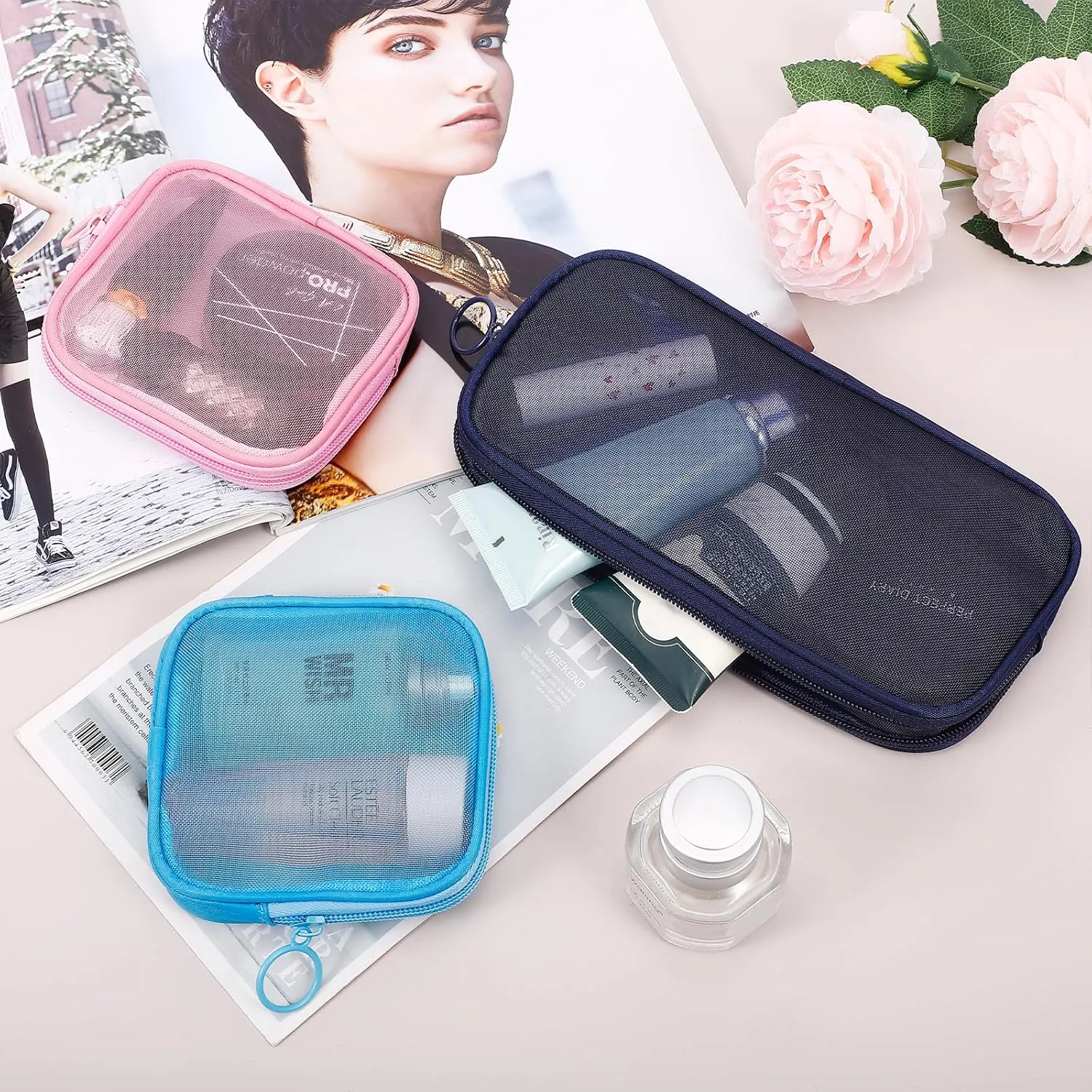 4 Pieces Mini Zipper Nylon Mesh Pouch, Mesh Cosmetic Bags Makeup Bags, Multipurpose Travel Toiletry Bags for Office Supplies and Travel Accessories (Multicolored, S)