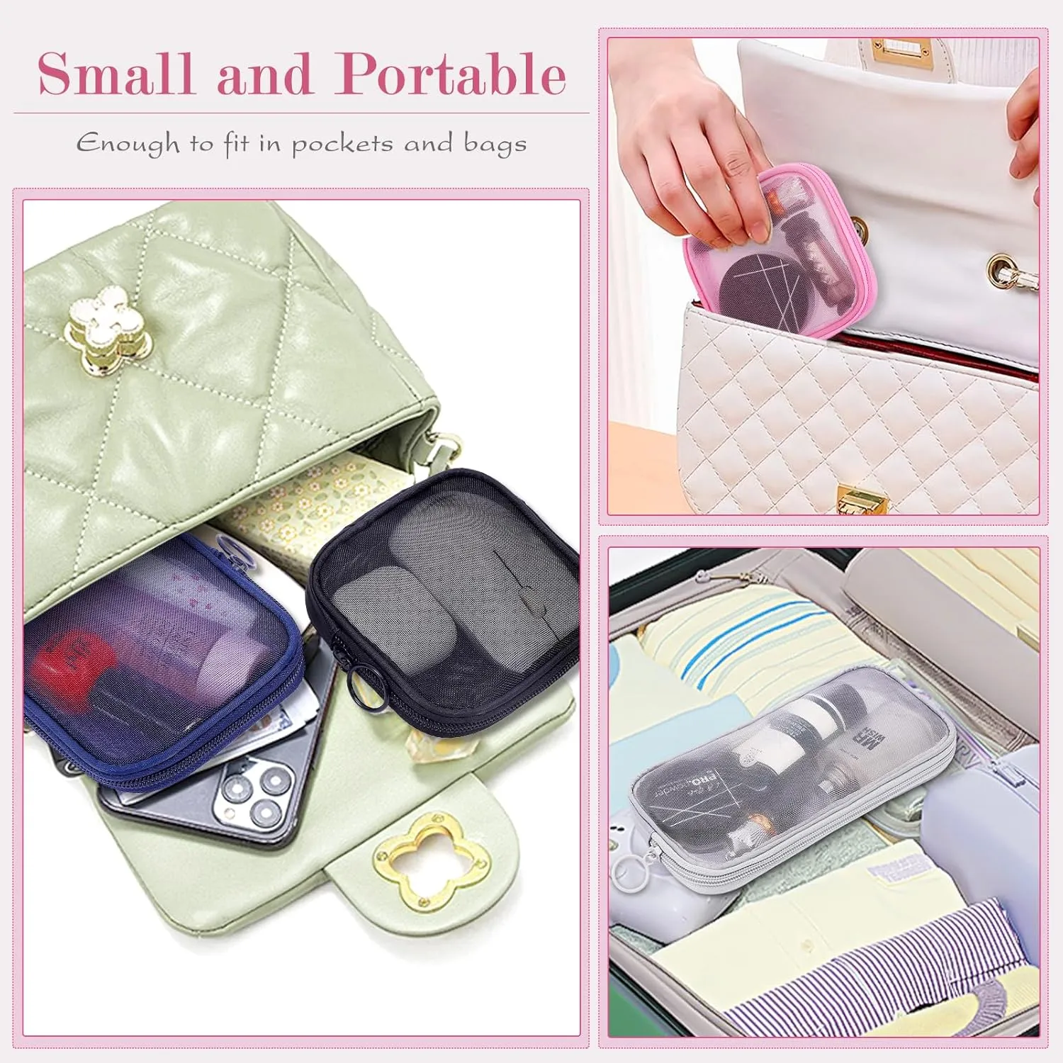4 Pieces Mini Zipper Nylon Mesh Pouch, Mesh Cosmetic Bags Makeup Bags, Multipurpose Travel Toiletry Bags for Office Supplies and Travel Accessories (Multicolored, S)